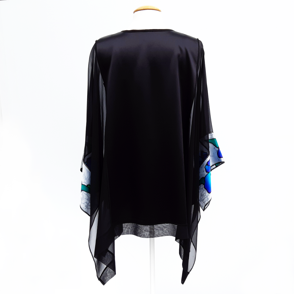 one size hand painted iris flowers black caftan top hand painted blue silk made by Lynne Kiel