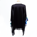 one size hand painted iris flowers black caftan top hand painted blue silk made by Lynne Kiel
