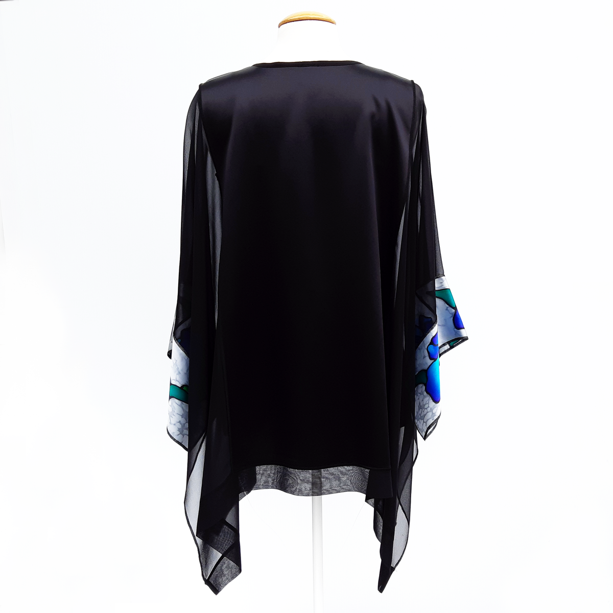 one size hand painted iris flowers black caftan top hand painted blue silk made by Lynne Kiel