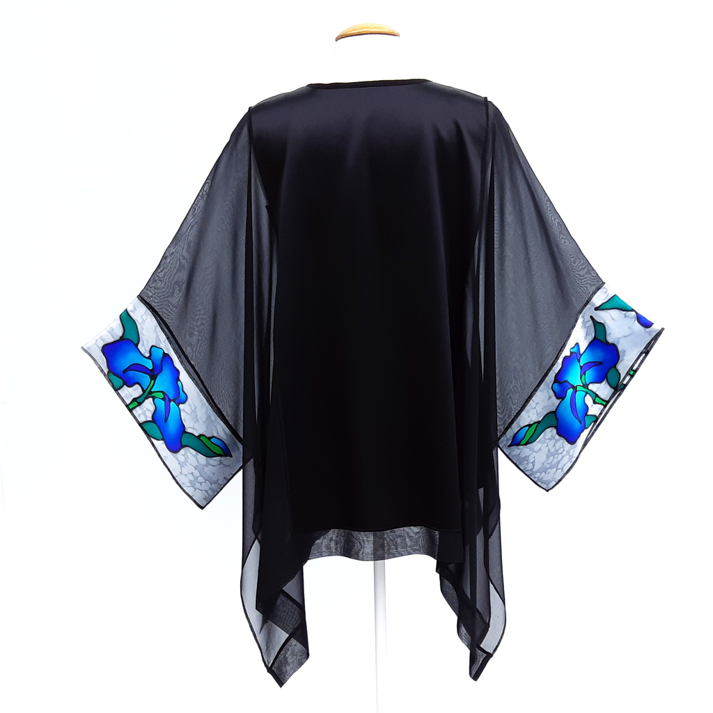 one size hand painted iris flowers black caftan top hand painted blue silk made by Lynne Kiel