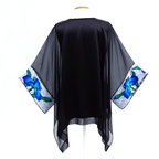 one size hand painted iris flowers black caftan top hand painted blue silk made by Lynne Kiel
