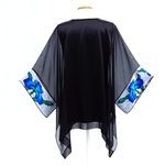 Load image into Gallery viewer, one size hand painted iris flowers black caftan top hand painted blue silk made by Lynne Kiel
