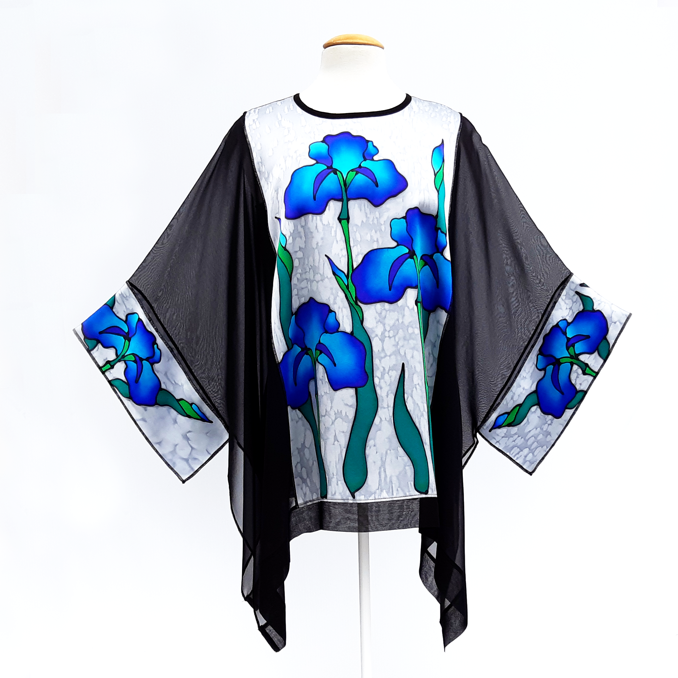 Blue iris flowers hand painted silk caftan top black and silver one size made in Canada