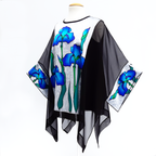 one size hand painted iris flowers black caftan top hand painted blue silk made by Lynne Kiel