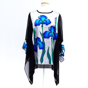 painted silk iris flower caftan top one size for women handmade by Lynne Kiel