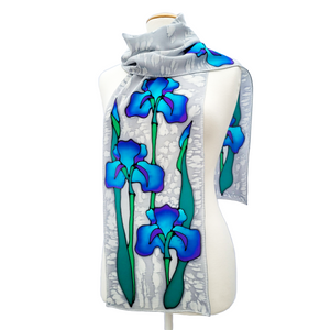 Silk scarf hand painted blue iris flowers on silver art design handmade by Lynne Kiel