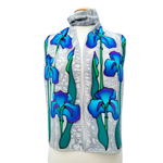 Load image into Gallery viewer, long silk scarf hand painted blue iris flower art design handmade by Lynne Kiel

