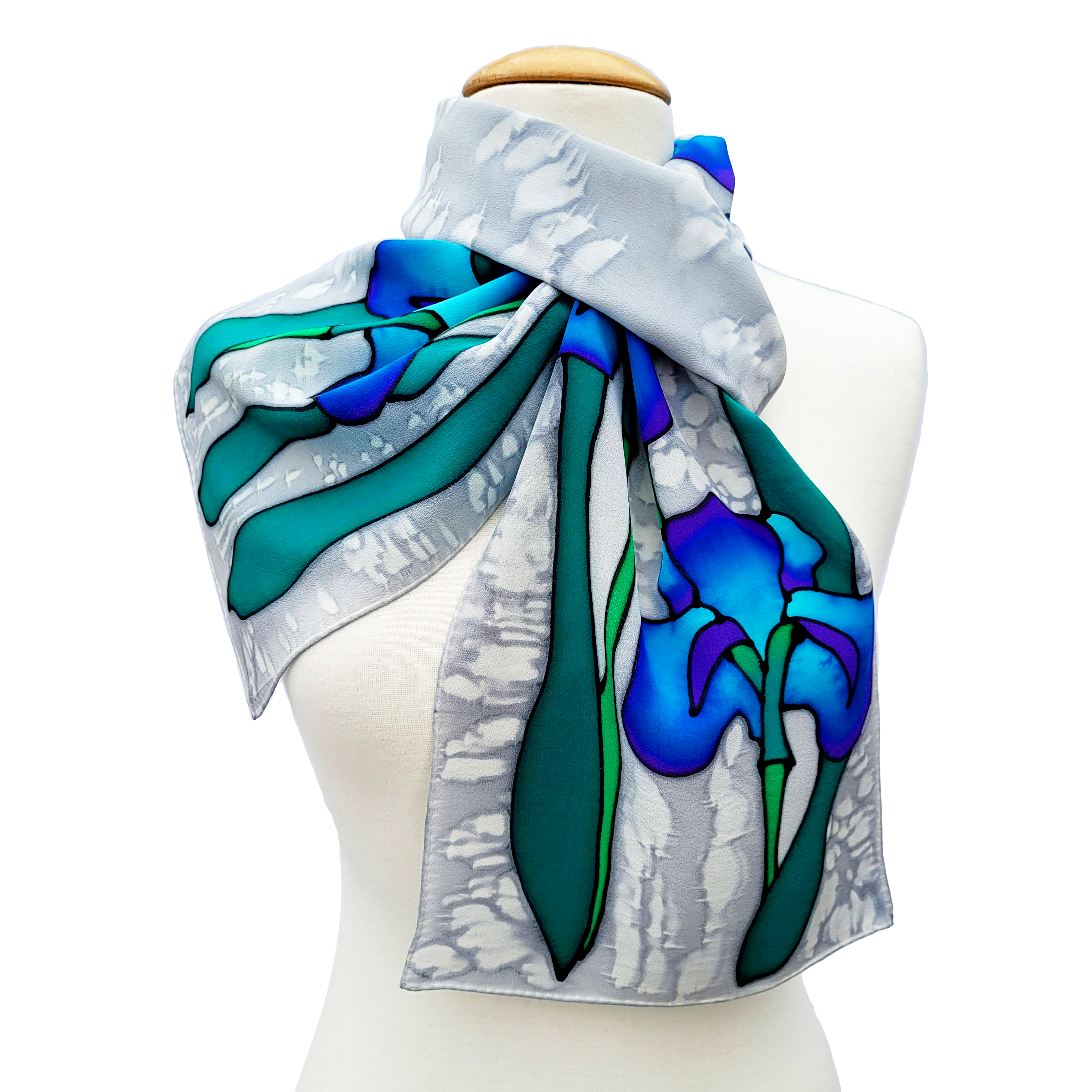 painted silk  design scarf blue purple silver colors made in Canada by Lynne Kiel