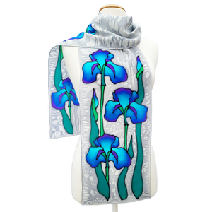 silk clothing long silk scarf for women blue color hand painted Iris flower art design made by Lynne Kiel