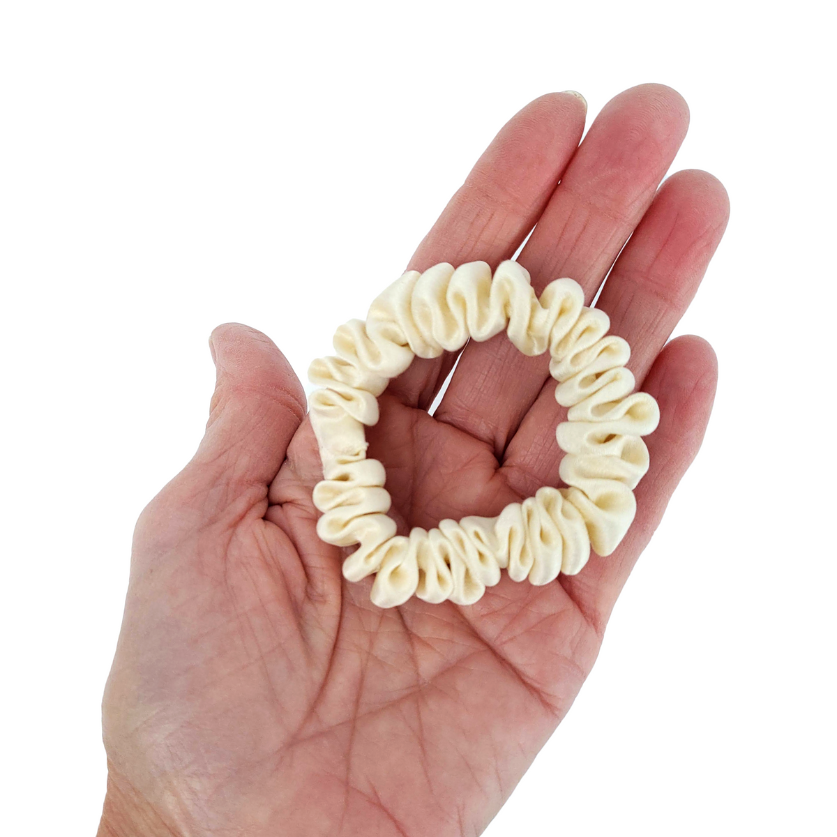 Pure silk ivory skinny scrunchie for pony tail handmade by Lynne Kiel