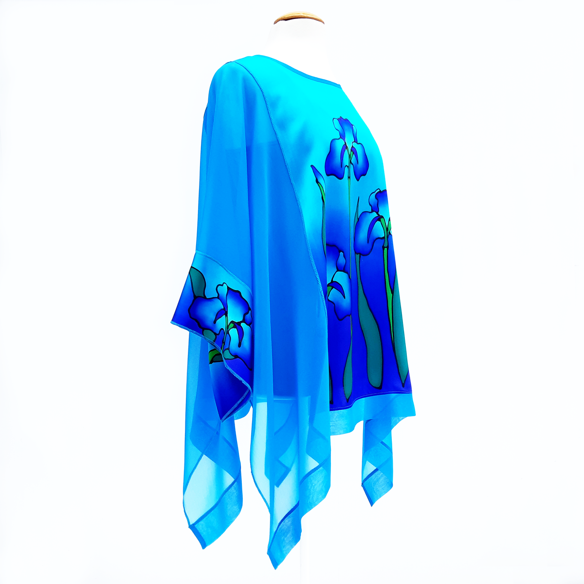ladies long silk top hand painted iris flower for cruise fashion and wedding fashion made by Lynne Kiel 