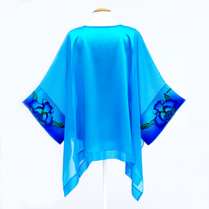 Plus size caftan top blue silk for weddings and cruise wear made in Canada