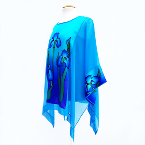 hand painted silk long caftan top turquoise blue for ladies
