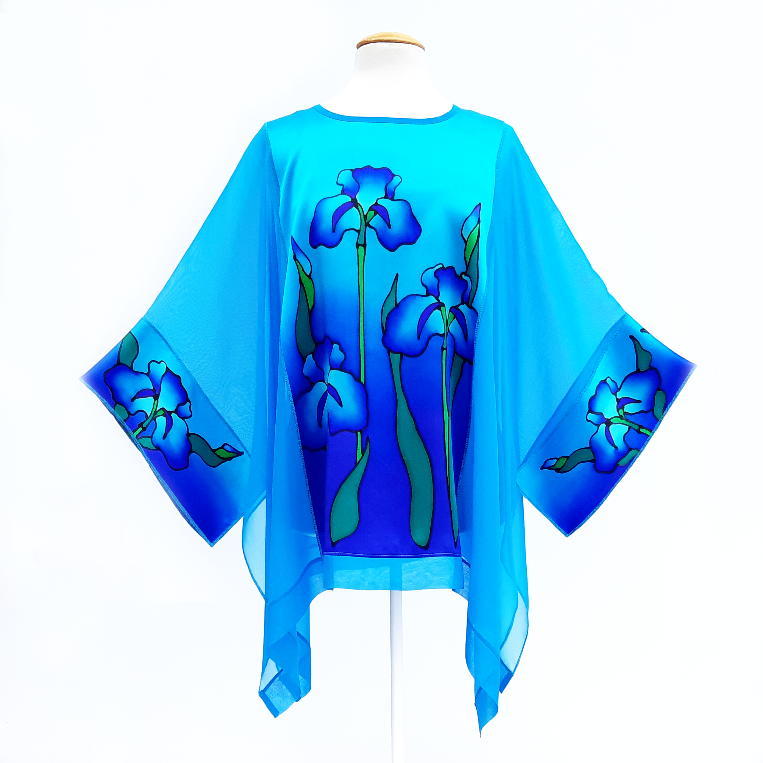 Blue iris flowers hand painted silk caftan top one size made in Canada