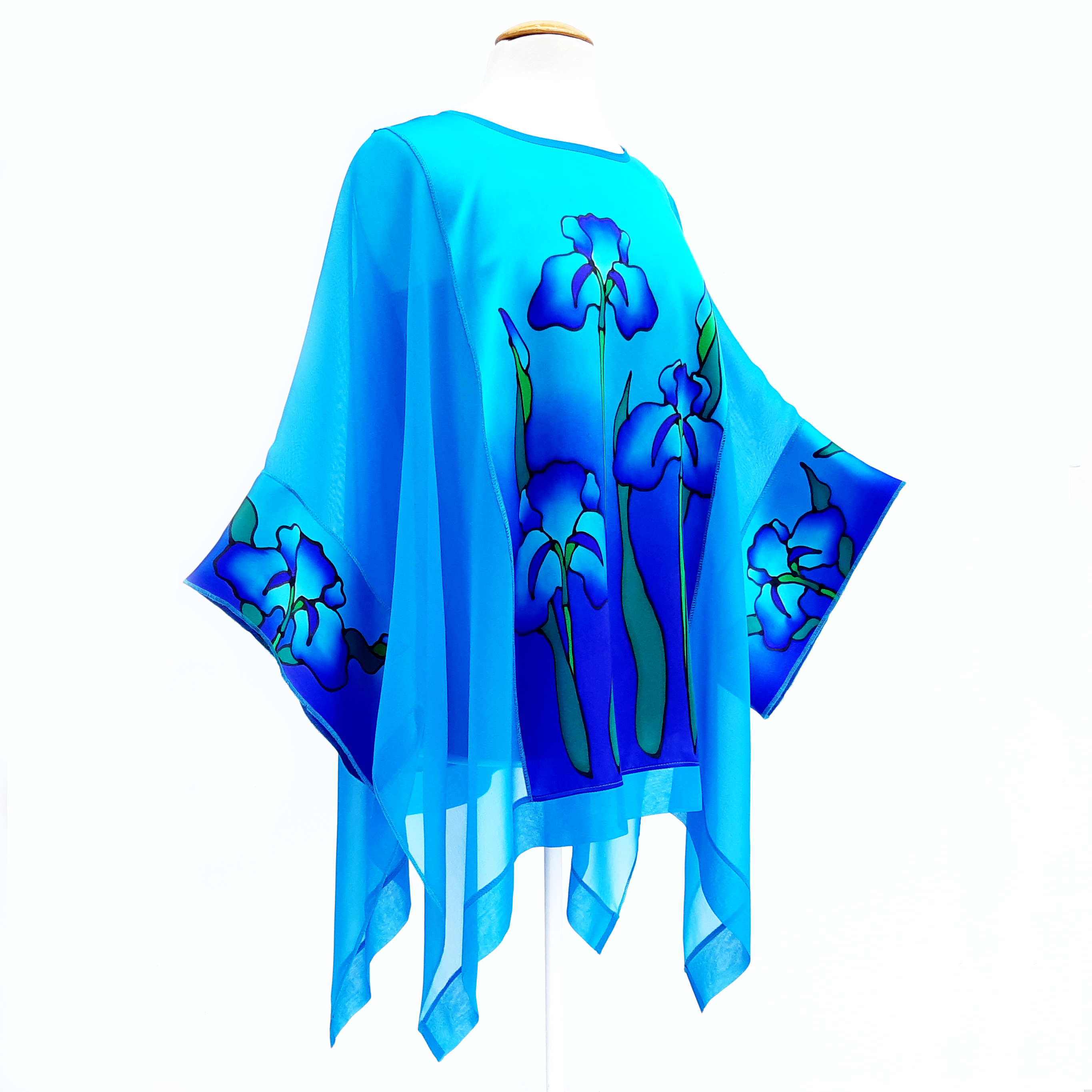 one size hand painted iris flowers Turquoise blue caftan top hand painted silk made by Lynne Kiel