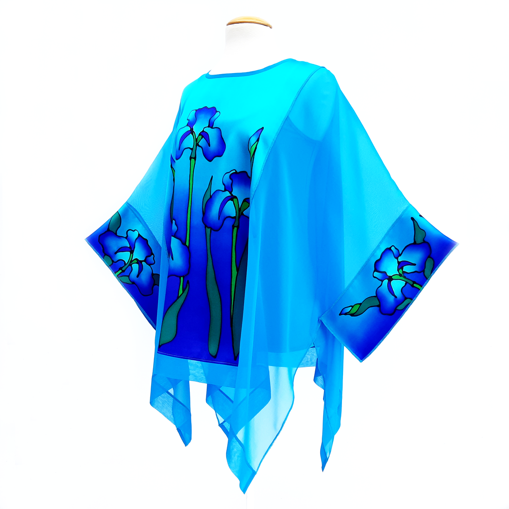 one size hand painted iris flowers long caftan top hand painted blue silk made by Lynne Kiel