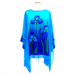 painted silk caftan one size design iris flowers turquoise blue handmade by Lynne Kiel