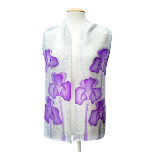 long silk scarf hand painted iris flower art design handmade in Canada by Lynne Kiel