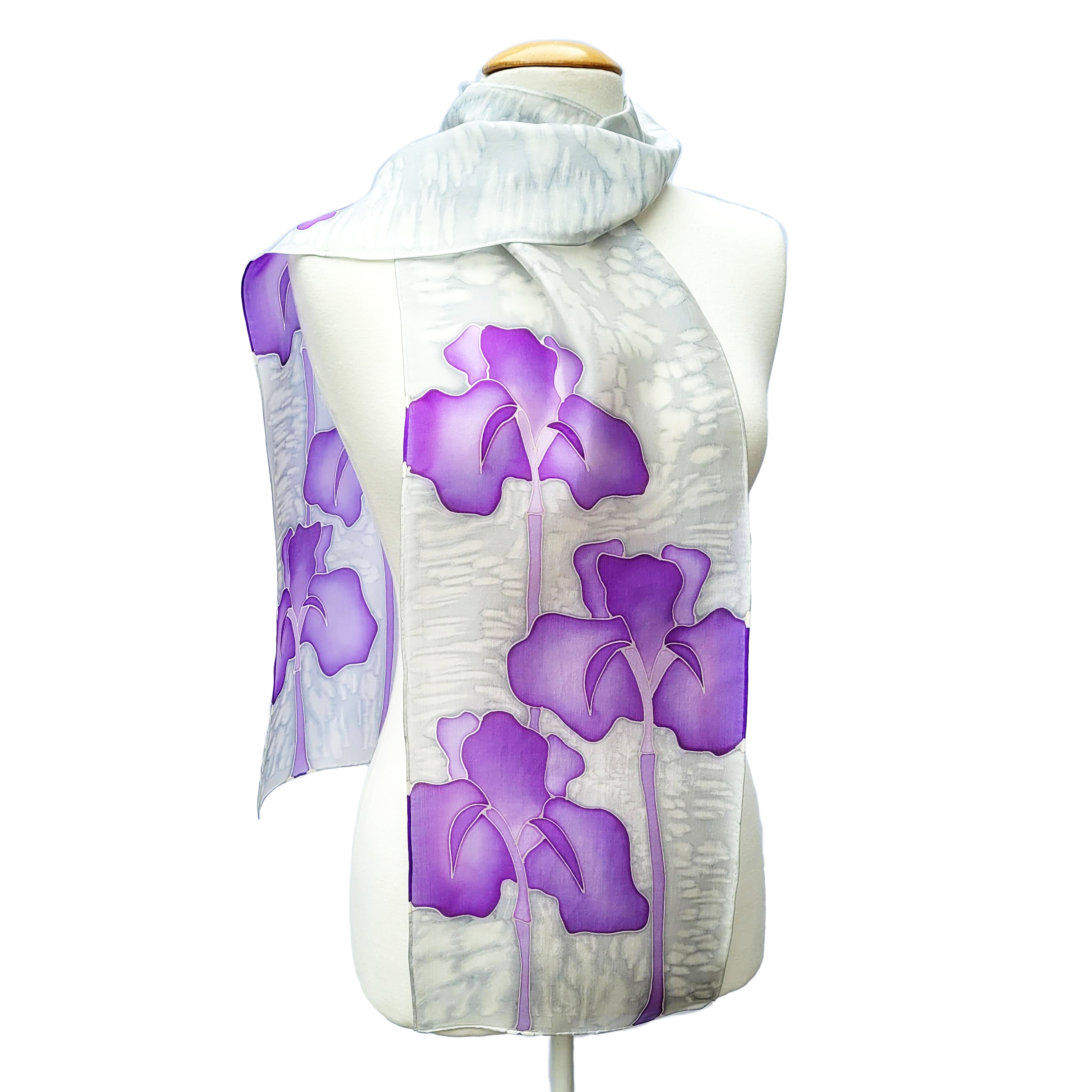painted silk scarf purple iris flower art design hand made by Lynne Kiel