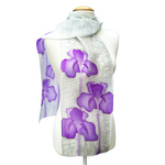 Load image into Gallery viewer, painted silk scarf purple iris flower art design hand made by Lynne Kiel
