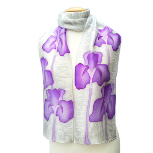 silk clothing accessory hand painted silk scarf silver and purple color made by Lynne Kiel