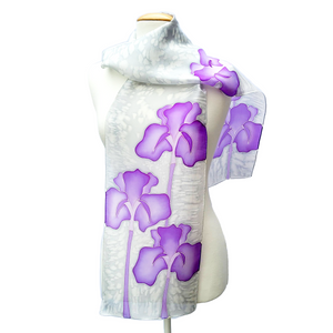 silk clothing long silk scarf for women purple color hand painted iris flower  art design made by Lynne Kiel