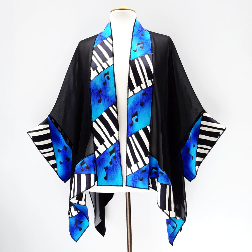 Pure silk hand painted piano art design womens one size kimono top handmade by Lynne Kiel made in Canada
