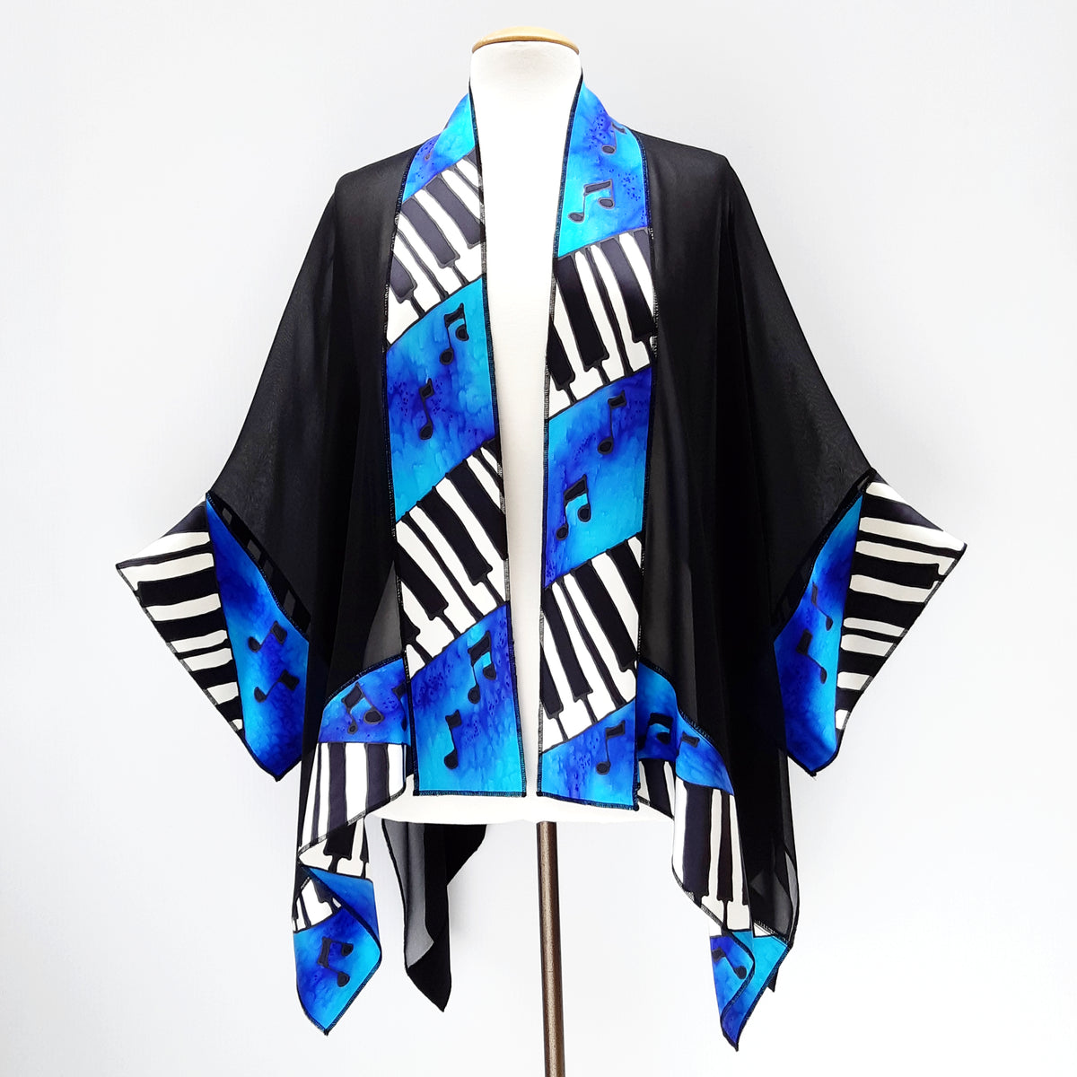 Pure silk hand painted piano art design womens one size kimono top handmade by Lynne Kiel made in Canada