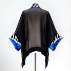 kimono shawl back view hand painted pure silk piano art design in blue black white color handmade by Lynne Kiel made in Canada
