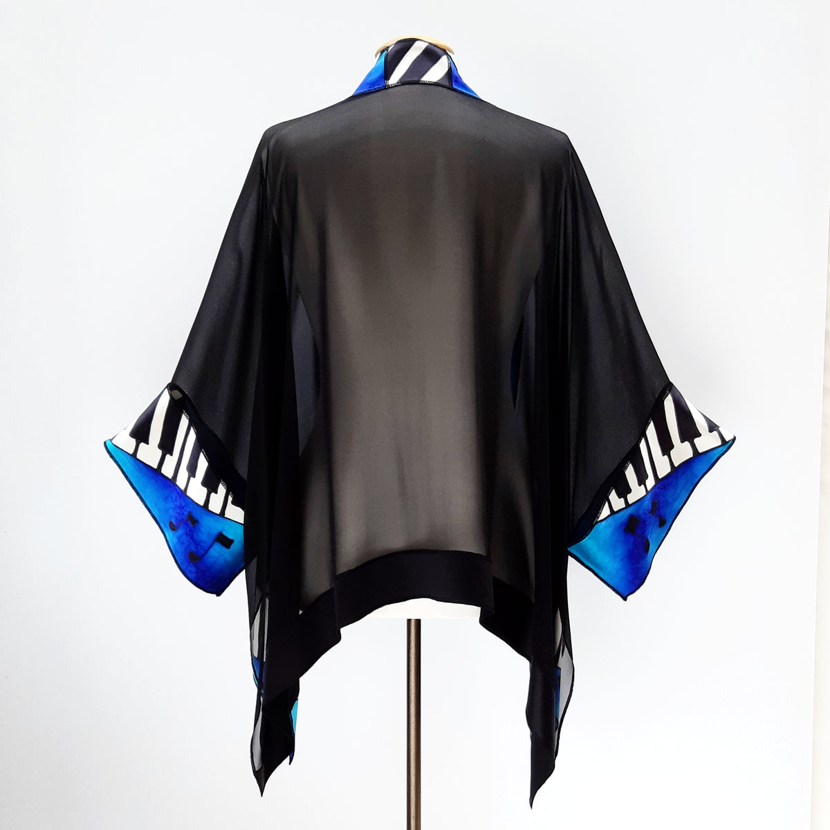kimono shawl back view hand painted pure silk piano art design in blue black white color handmade by Lynne Kiel made in Canada