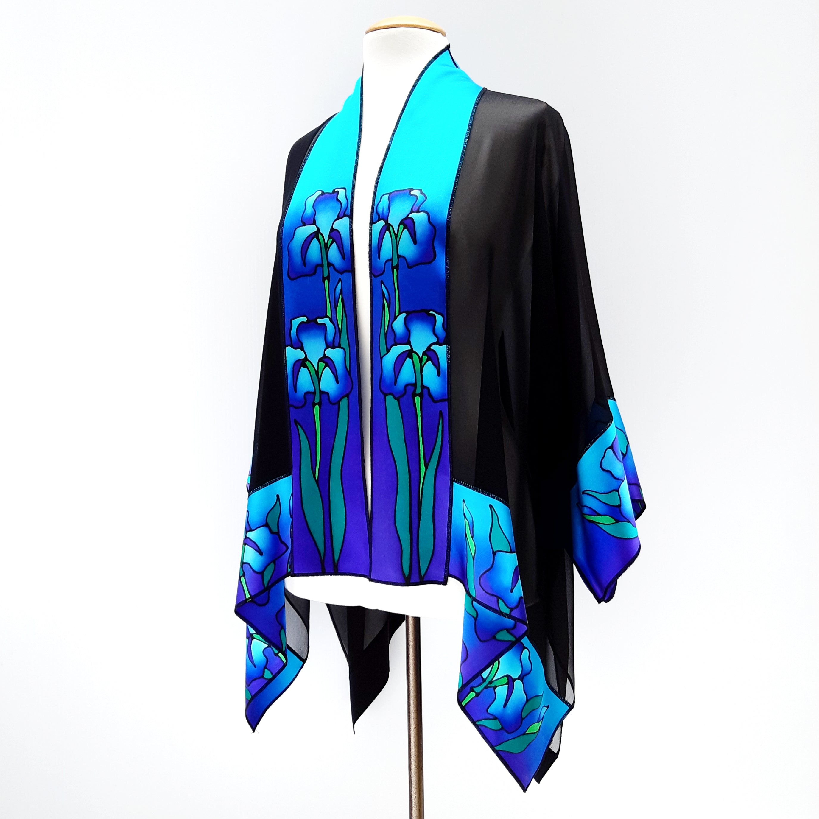 painted silk shawl sheer black blue