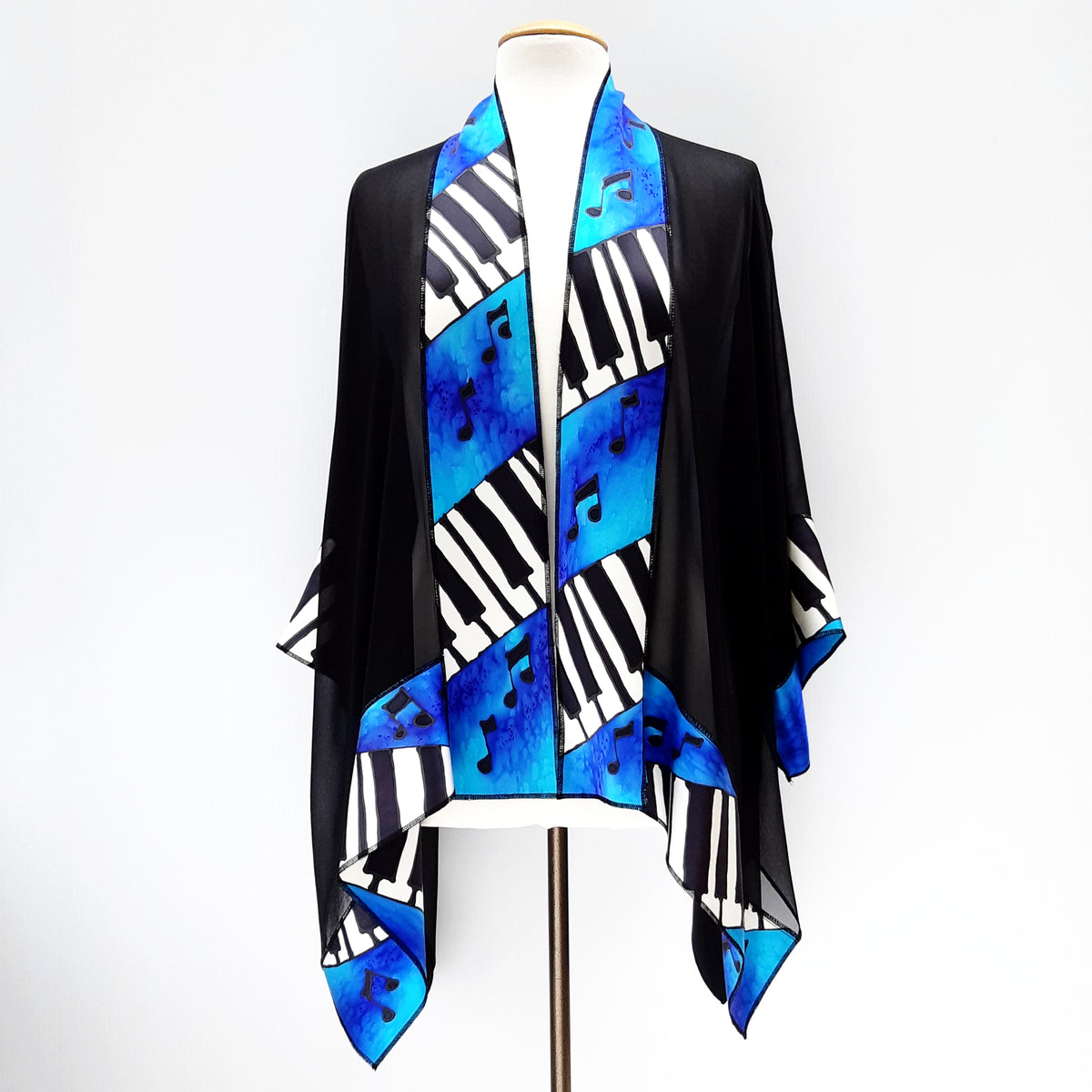 One size kimono hand painted pure silk piano art design bue black white color handmade by Lynne Kiel handmade in Canada