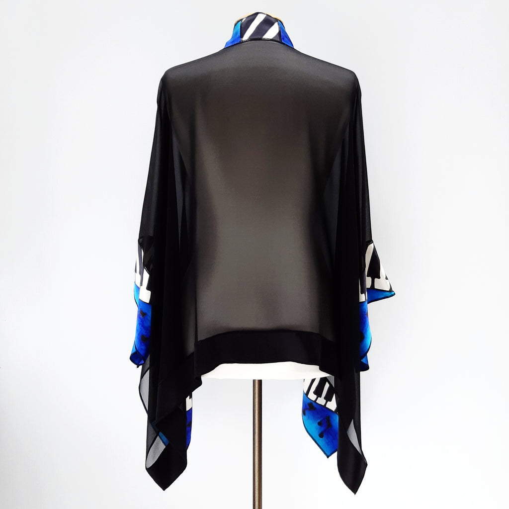 back view kimono shawl black sheer pure silk womens one size top handpainted piano art design in blue black white color handmade by Lynne Kiel made in Canada