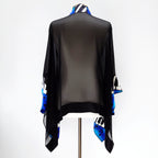 back view kimono shawl black sheer pure silk womens one size top handpainted piano art design in blue black white color handmade by Lynne Kiel made in Canada