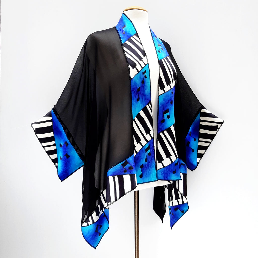 hand painted pure silk kimono piano art design blue black white color handmade by Lynne Kiel made in Canada