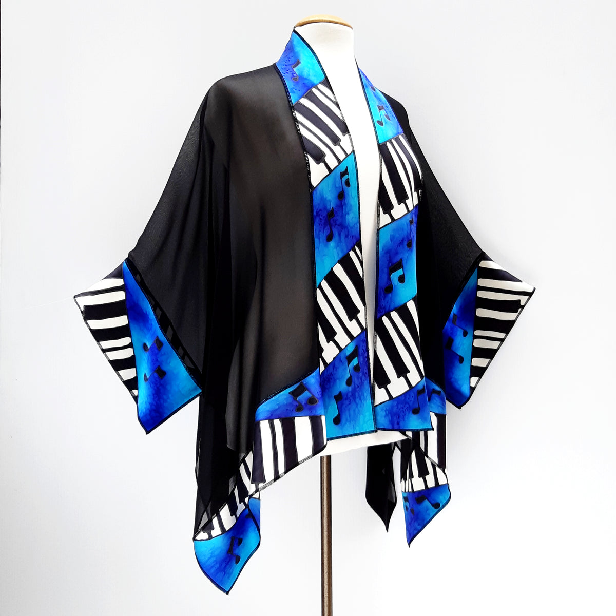 hand painted pure silk kimono piano art design blue black white color handmade by Lynne Kiel made in Canada