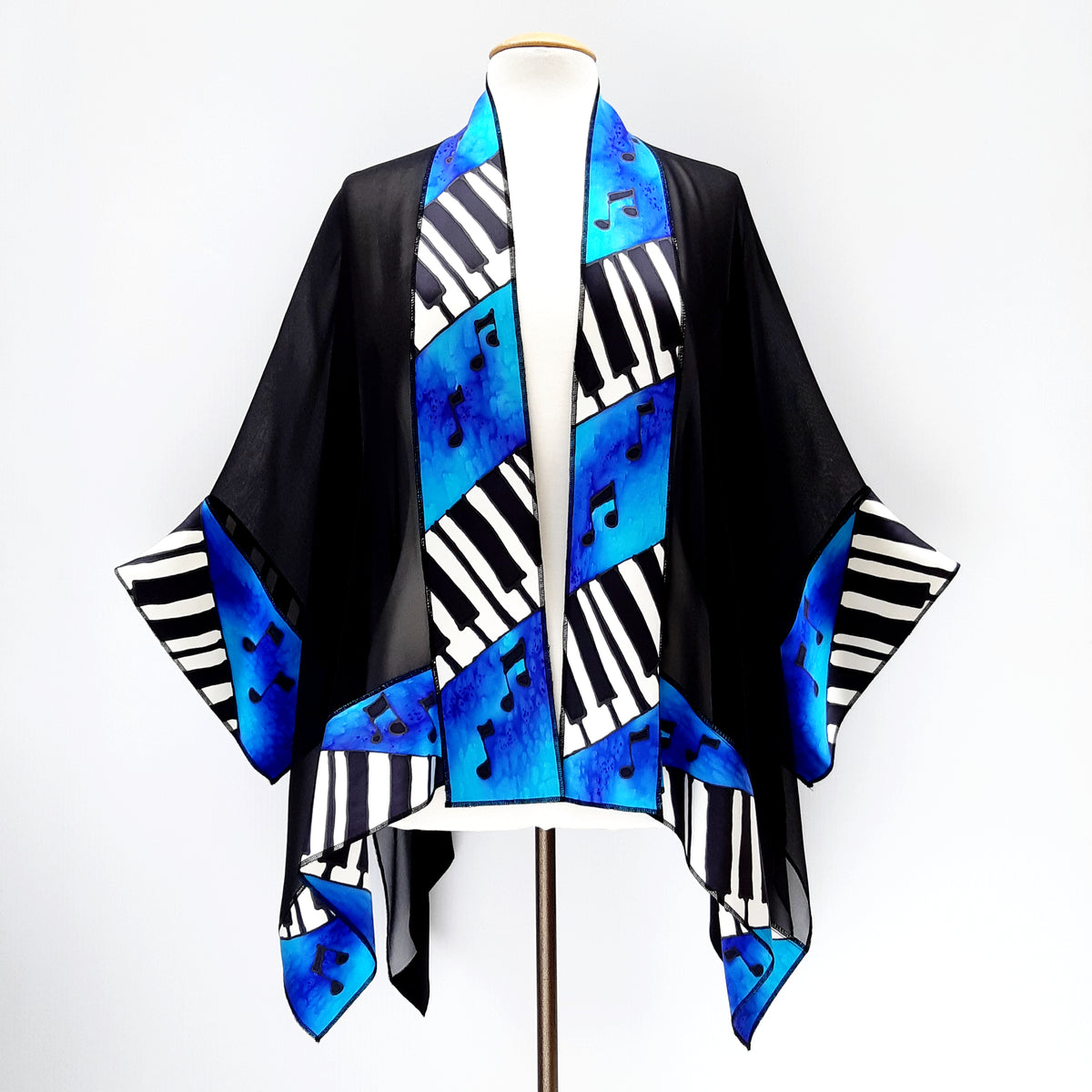 one size ladies kimono handpainted pure silk blue black white piano art design handmade by Lynne Kiel made in Canada