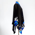 side view kimono hand painted pure silk one size womens top handpainted piano art design blue black white color handmade by Lynne Kiel made in Canada