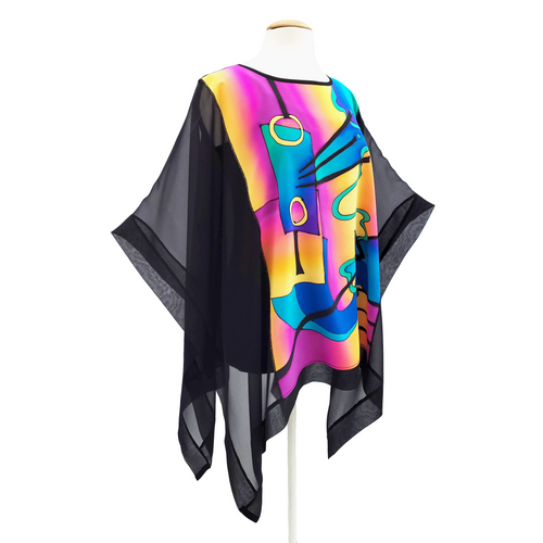 ABSTRACT Modern Art Painted Silk Black PONCHO Top Yellow Blue Fuchsia