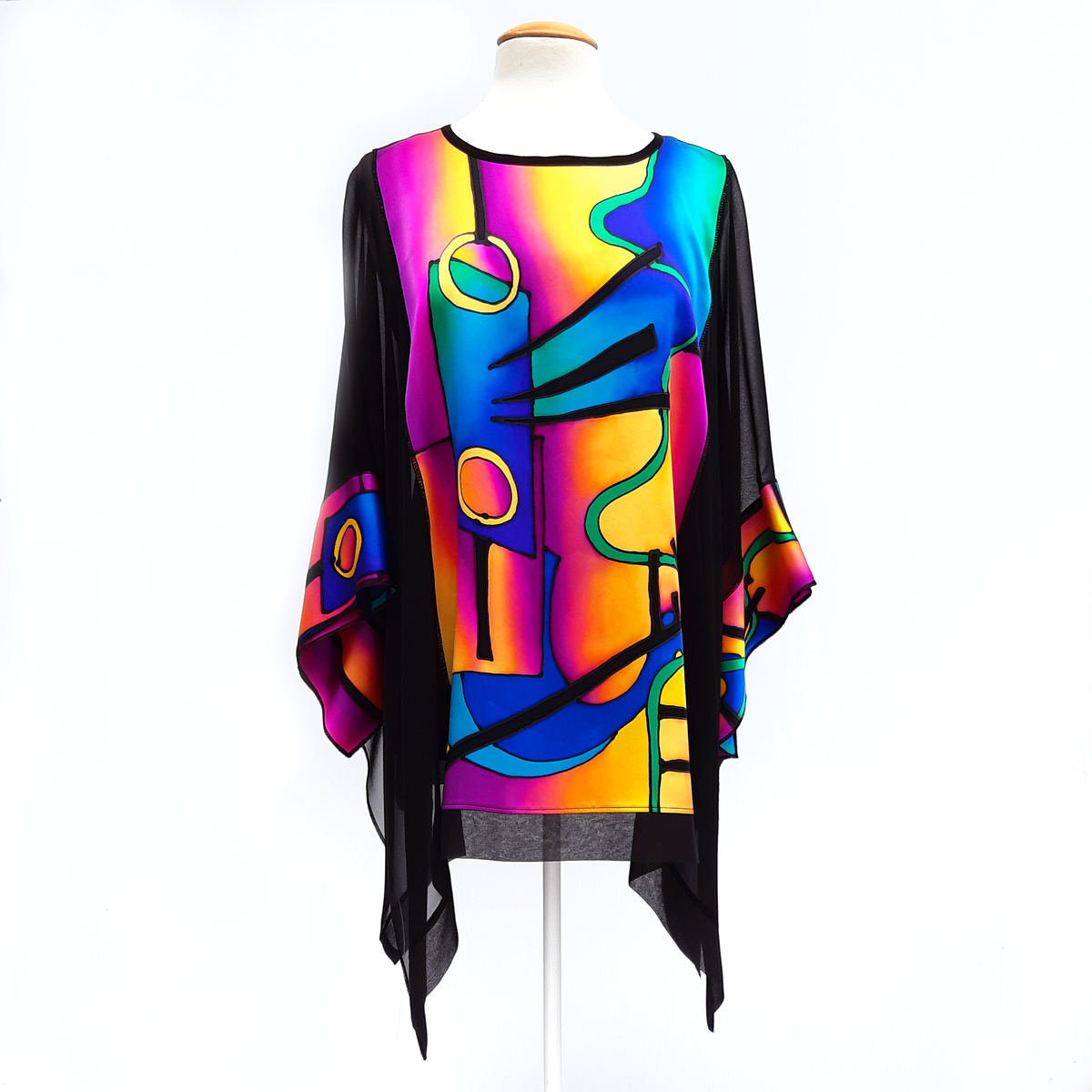 hand painted silk long black caftan top  for ladies colorful hand painted pop art