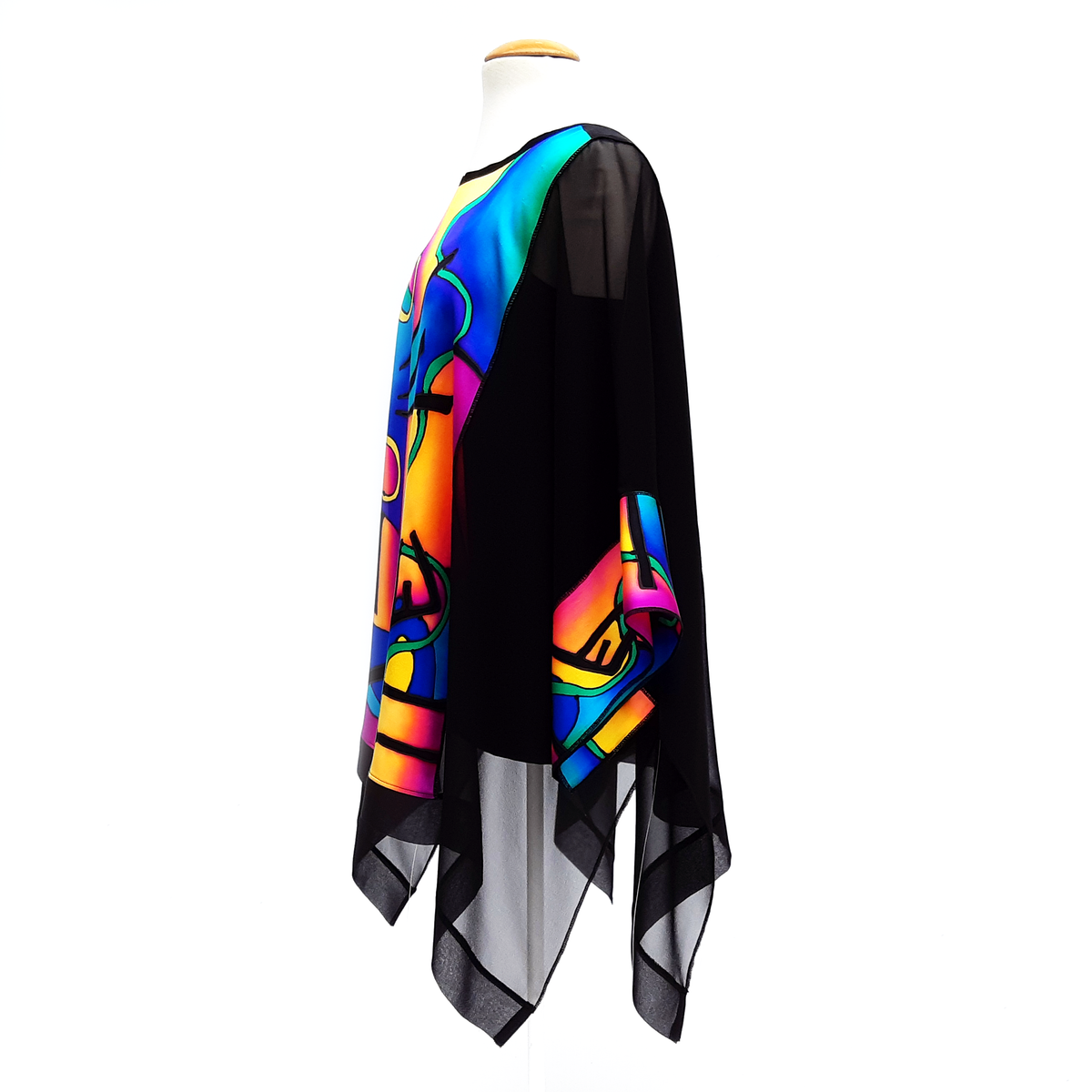 black silk caftan top one size hand painted yellow pink blue one size made by Lynne Kiel