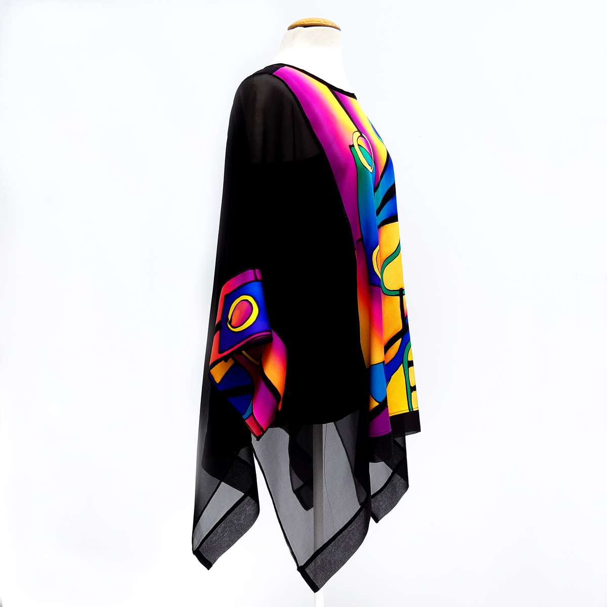 one size hand painted pop art black caftan top  yellow pink blue made by Lynne Kiel