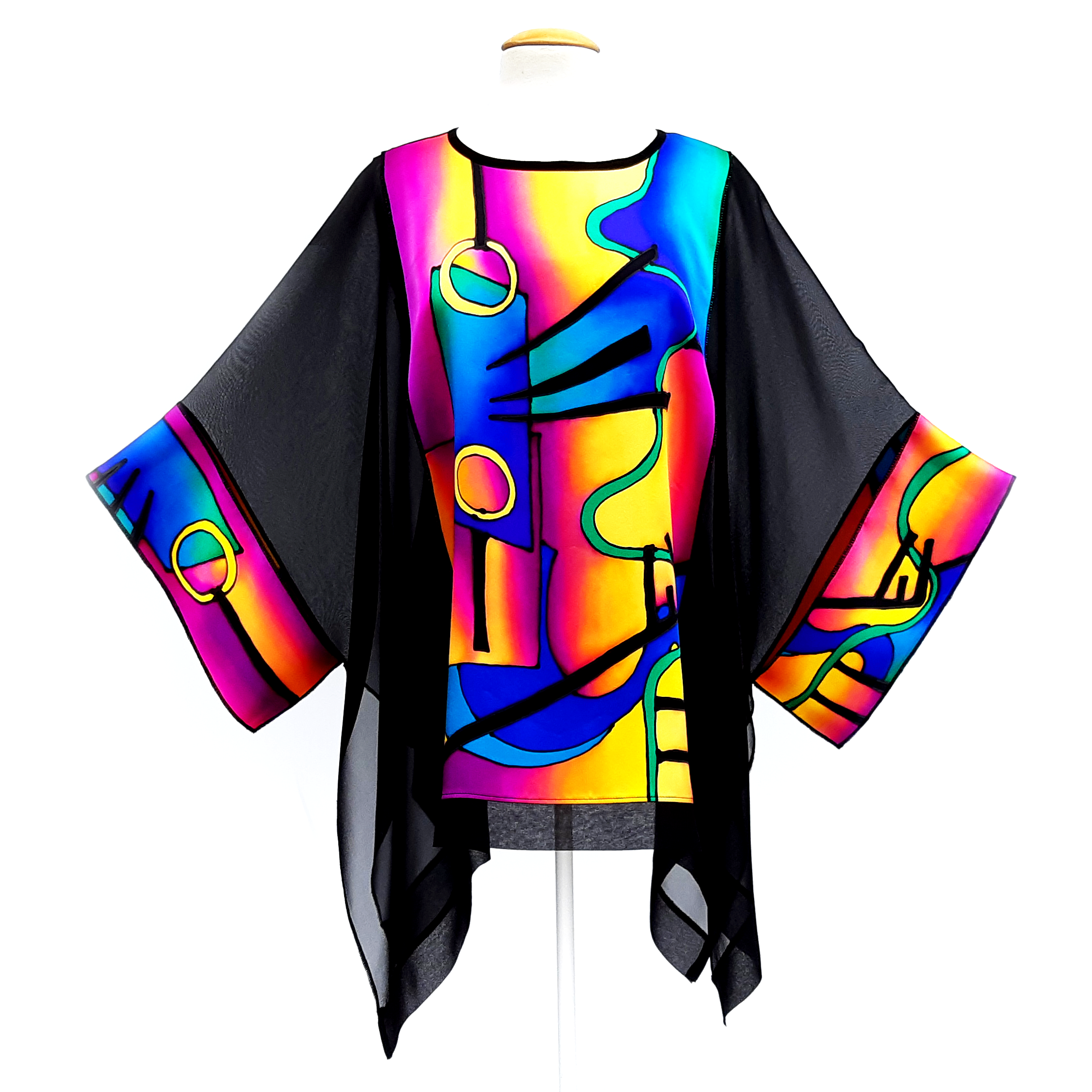 hand painted silk long caftan top yellow blue pink turquoise silk clothing made by Lynne Kiel