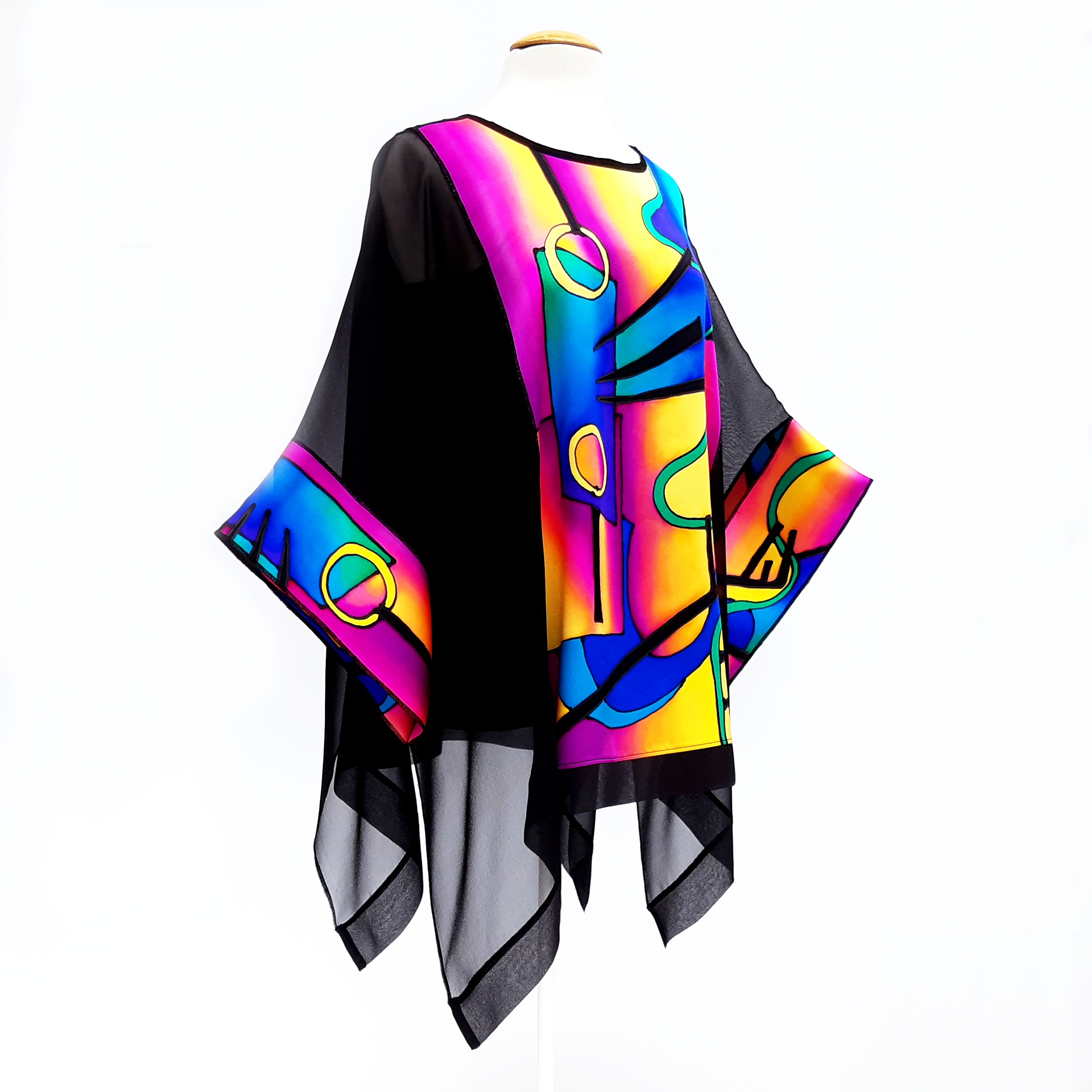 one size black caftan top colorful  hand painted  silk made by Lynne Kiel