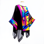 Load image into Gallery viewer, one size black caftan top colorful  hand painted  silk made by Lynne Kiel
