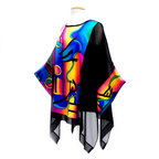 black silk caftan top hand painted yellow pink blue one size made by Lynne Kiel