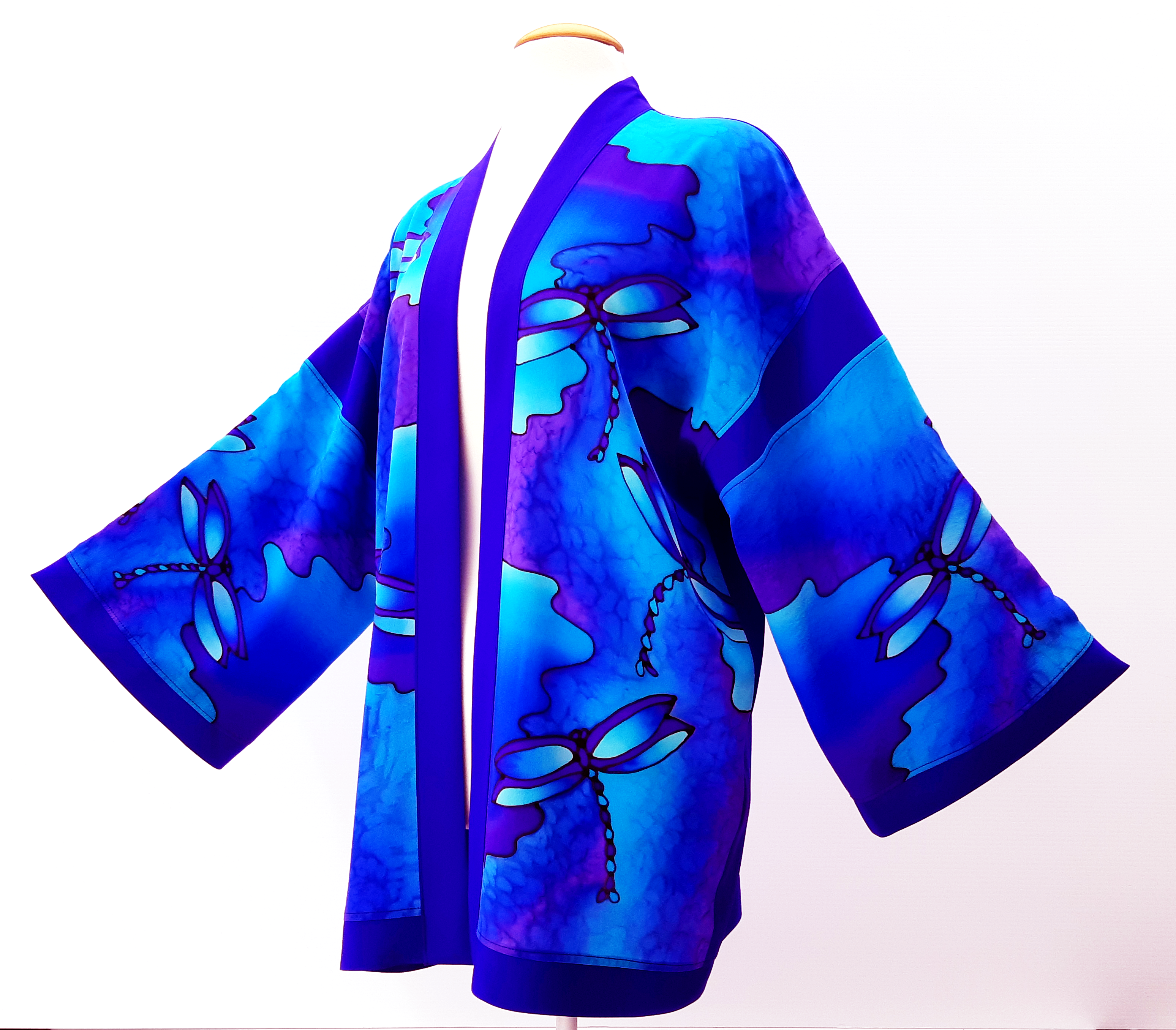 Hand painted  silk kimono purple and blue dragonflies handmade by Lynne Kiel