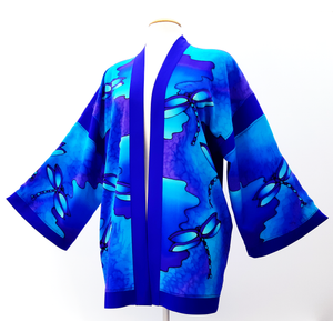 Painted silk clothing Blue Kimono dragonflies design handmade by Lynne Kiel