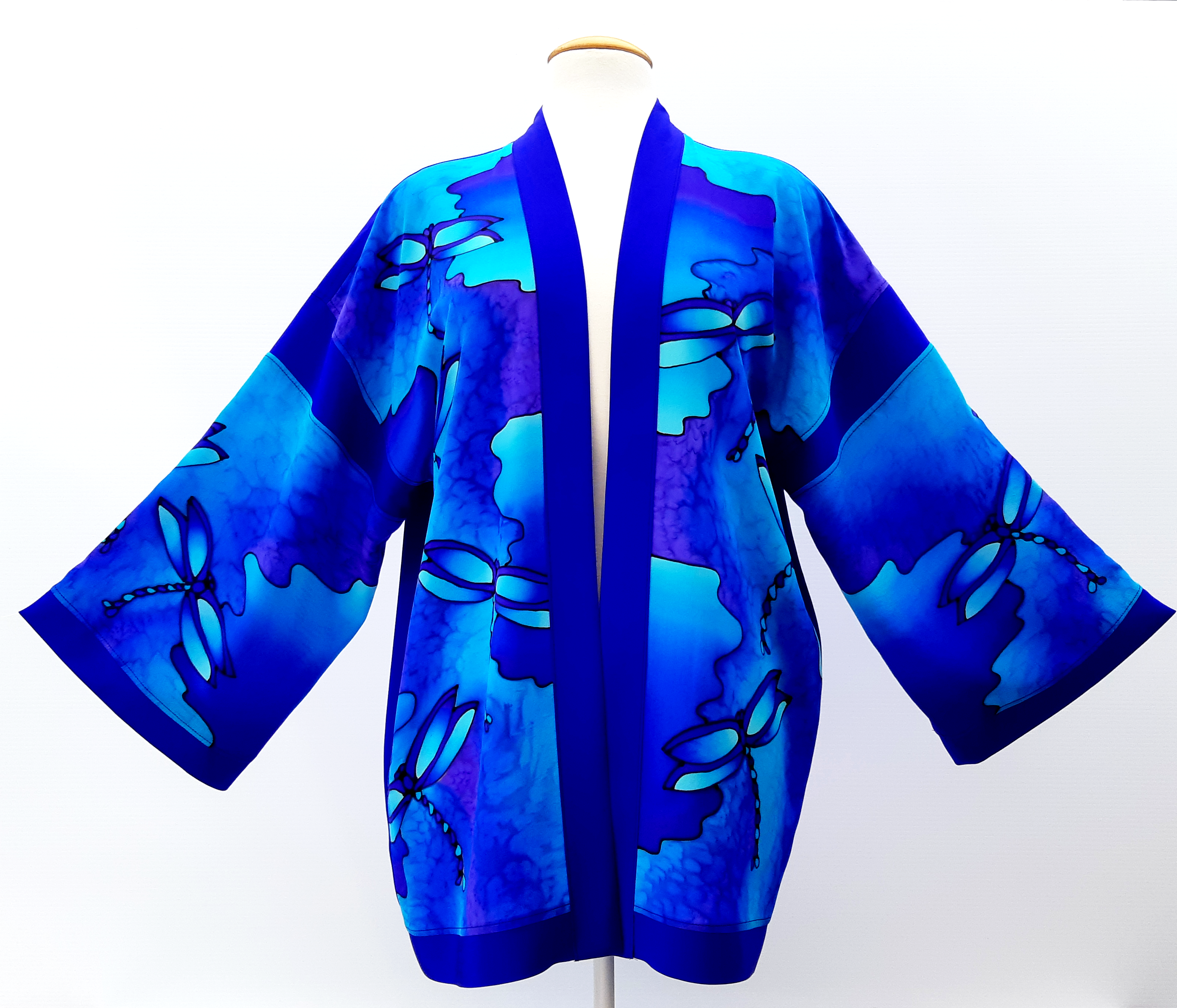 Hand painted silk clothing for women Blue kimono handmade by Lynne Kiel