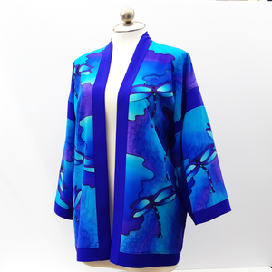 Blue dragonfly Kimono hand panted silk handmade in Canada by Lynne Kiel